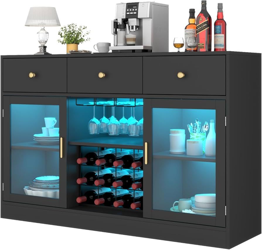 Wine Bar Cabinet with LED Light, Home Coffee Cabinet with Wine and Glass Rack, Kitchen Buffet Sid... | Amazon (US)