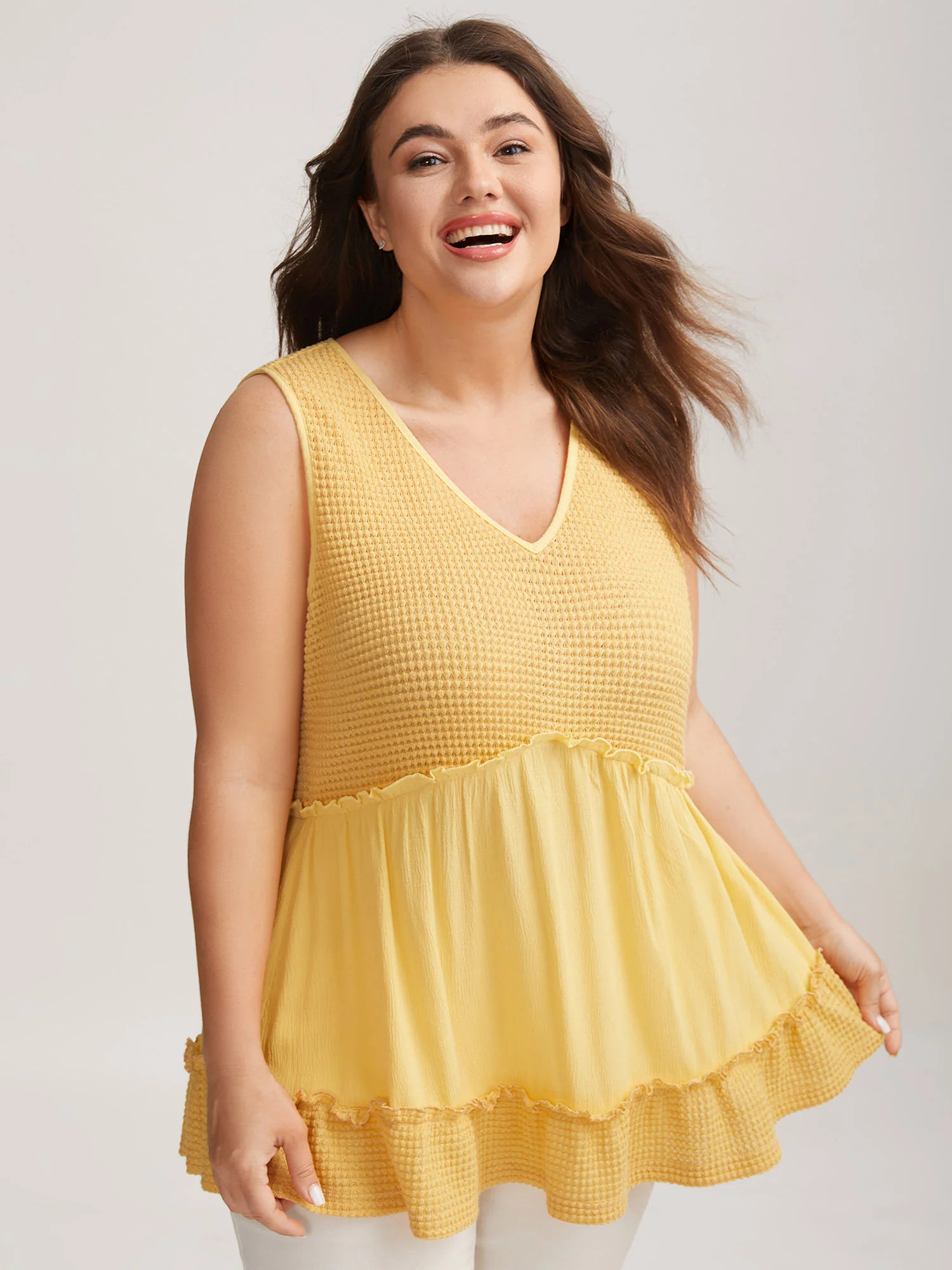 Waffle Grid Spliced Ruffled Tank Top | Bloomchic