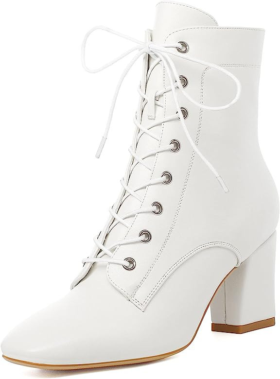 SEIFIN Women's Square Toe Chunky Heels Ankle Boots Block High Heeled Lace Up Side Zipper Short Bo... | Amazon (US)