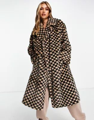Jayley faux fur check long coat in brown | ASOS (Global)