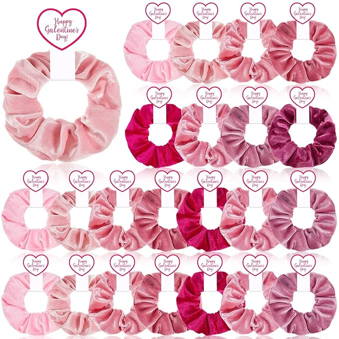 Zeyune 24 Set Galentine's Day Pink Hair Scrunchies Gifts Bulk Velvet Soft Hair Ties with Happy Ga... | Amazon (US)