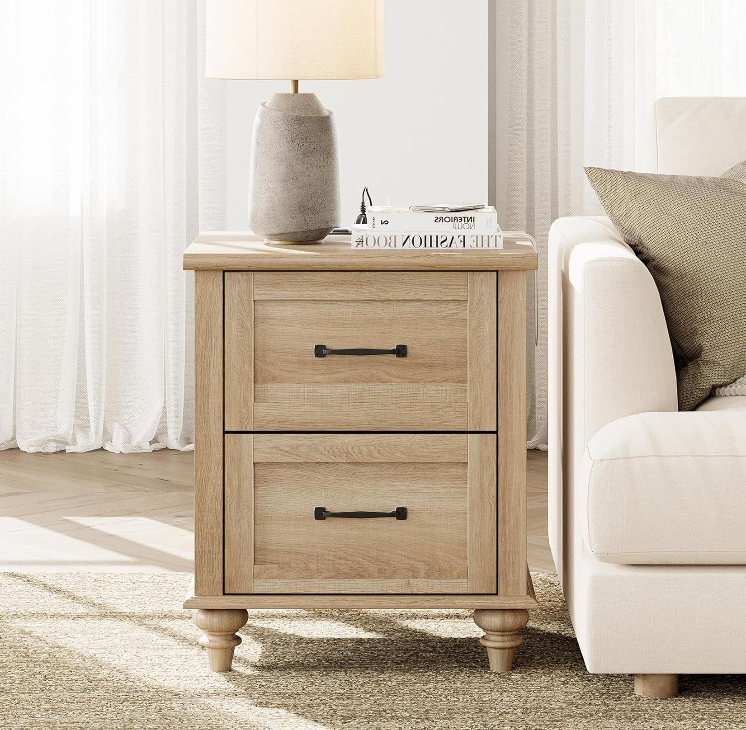 WAMPAT Nightstand with Charging Station, 20 Inch Night Stand with 2 Drawers, Wooden Rustic Bedsid... | Amazon (US)