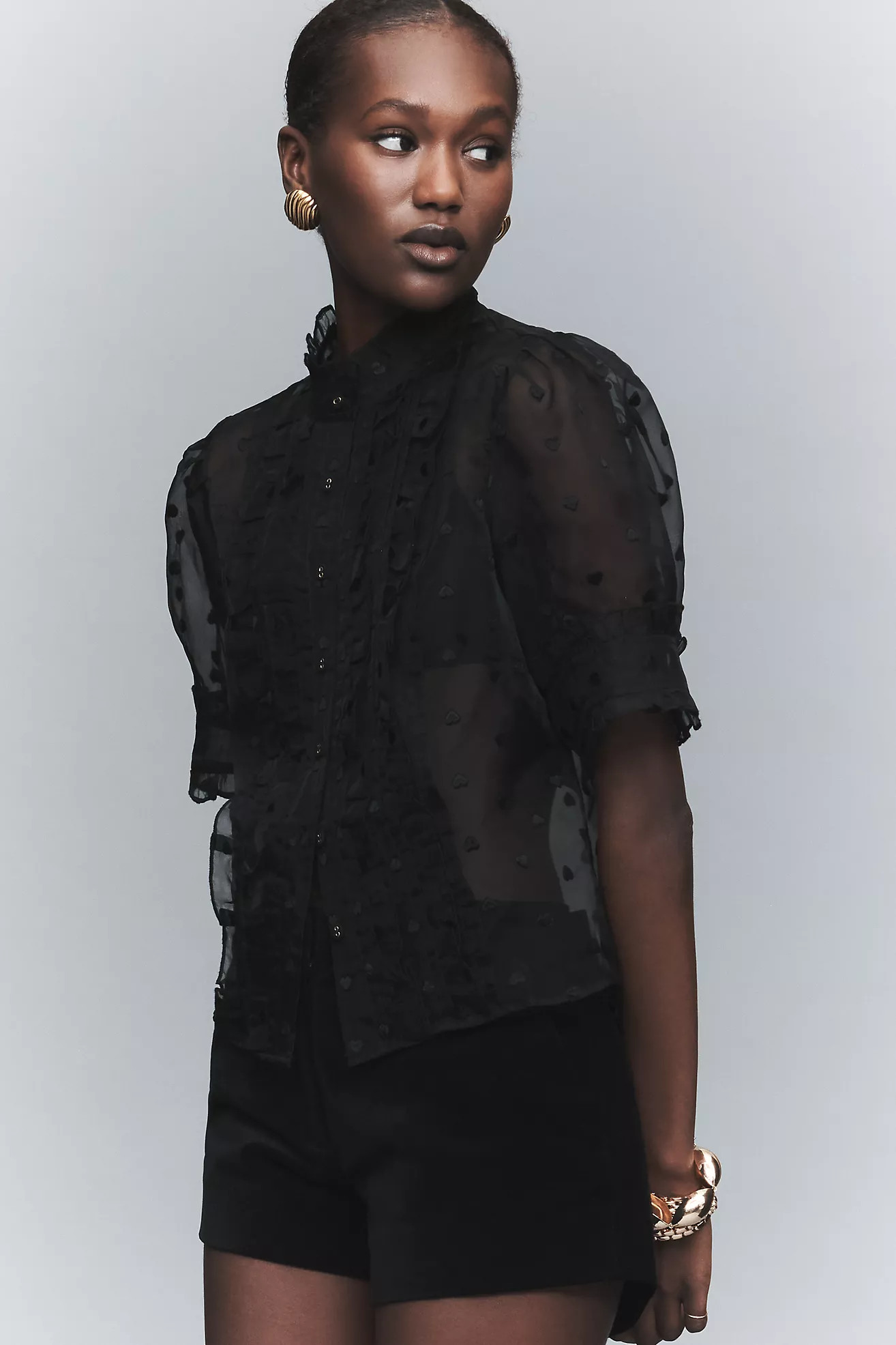 Maeve Puff-Sleeve Sheer Ruffle Blouse | Anthropologie (US)