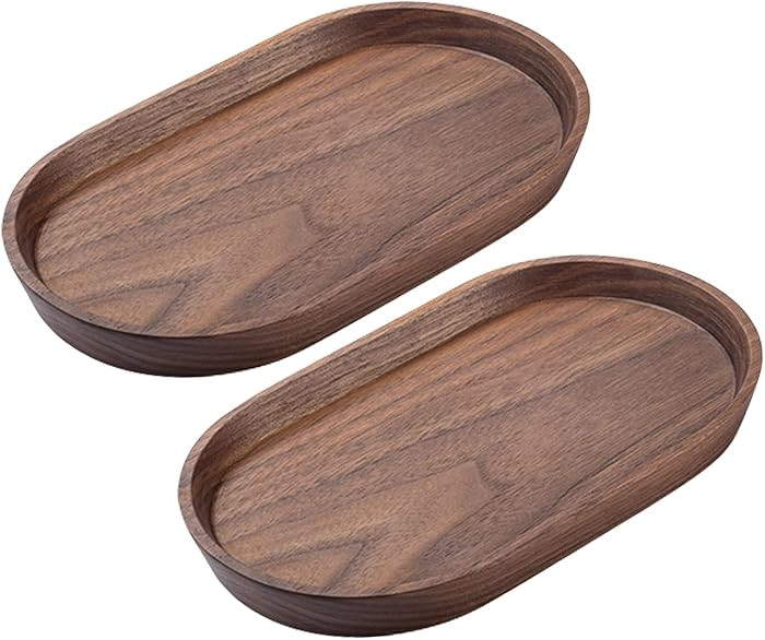 Vandroop Mini Serving Trays for Parties, Small Decorative Tray for Tea＆Coffee, Oval Wooden Plates for Serving Food for Appetizer＆Vegetables for Bathroom 7.8"×4.6" (Walnut, Set of 2) | Amazon (US)