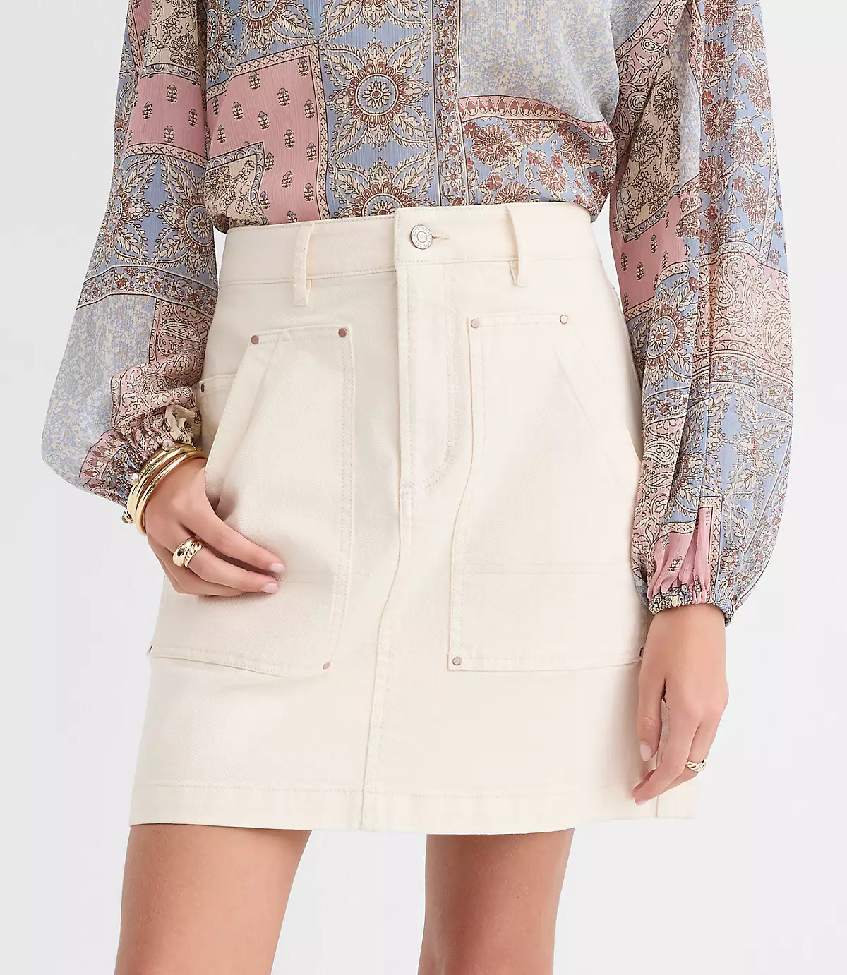 Denim Carpenter Mini Skirt in Ivory | LOFT