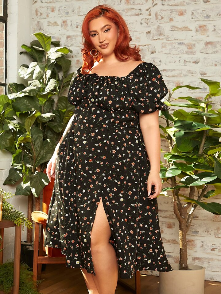 SHEIN FIT+ Plus Ditsy Floral Knot Front Puff Sleeve Dress | SHEIN