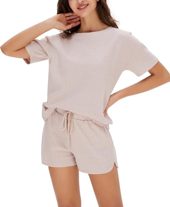 Kervaky Women's 2 Piece Outfits Waffle Knit Lounge Pajama Sets Summer Top And Shorts Suits | Amazon (US)