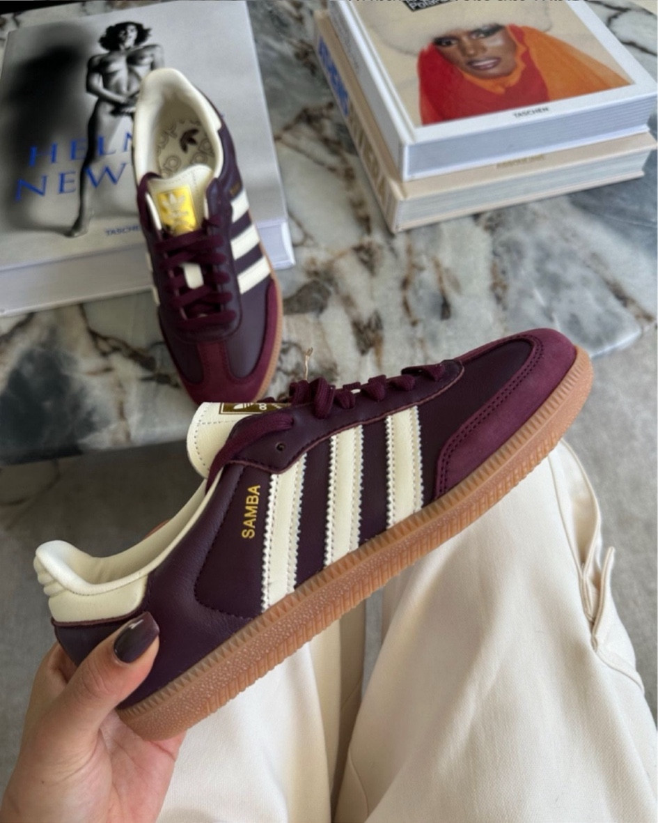 Adidas Samba OG "Maroon" trainers. Burgundy/cream white
leather/faux leather/suede sneakers. Wardrobe staple. Timeless. Gift guide idea for her. Luxury, elegant, clean aesthetic, chic look, feminine fashion, trendy look, sporty, casual. 

#AugustBrandSpotlight #LTKeurope #LTKautumn
