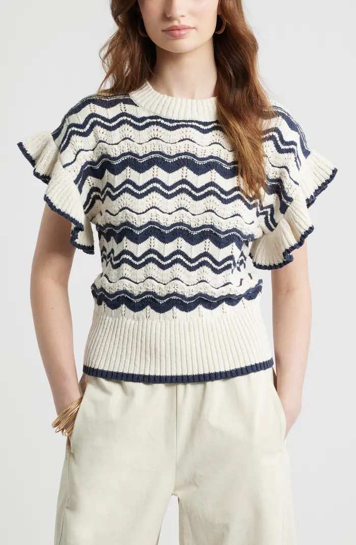 Flutter Sleeve Cotton Pointelle & Rib Sweater | Nordstrom