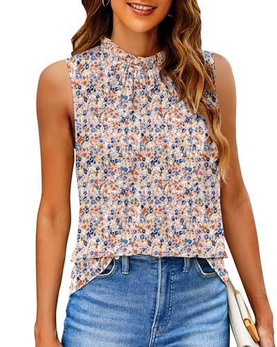 SimpleFun Boho Tank Tops for Women Hippie Flower Sleeveless Flowy Blouse with Ruffles Pink Floral M | Amazon (US)