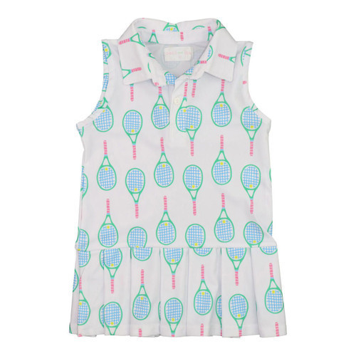 Pink And Blue Racket Print Lycra Tennis Dress | Cecil and Lou