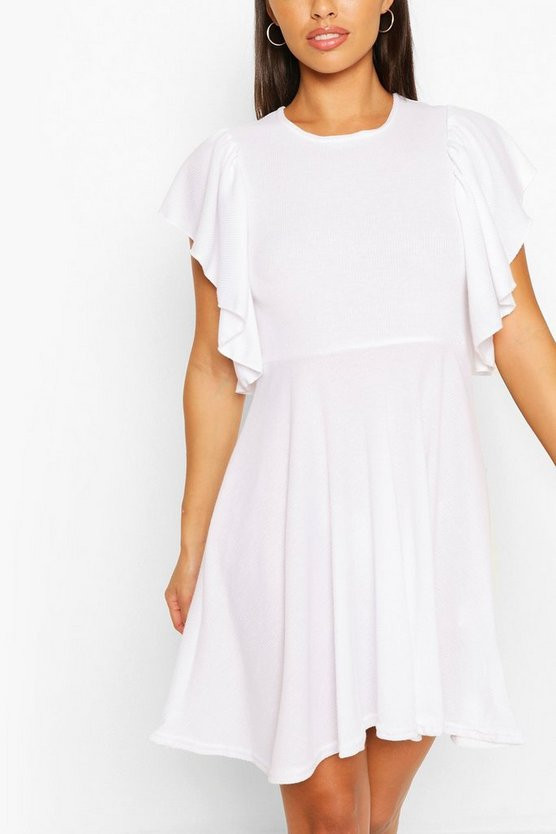 Rib Full Frill Sleeve Skater Dress | Boohoo.com (US & CA)