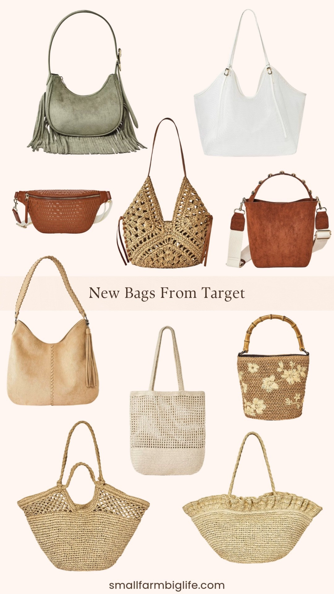 These new bags from Target are so fun for spring and summer. I’m loving the mix of woven straw totes, crochet bags, and western inspired suede shoulder bags with fringe and tassels. From the cute mini bucket crossbody to the larger straw and netted tote bags, these are perfect everyday bags for warm weather outfits and travel. 

 #LTKootd #LTKOver40 #LTKTravel