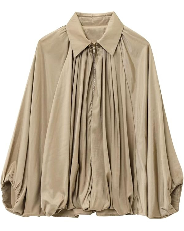 Xunger Women's Puffed Bomber Jacket Oversized Streetwear Casual Batwing Sleeve Lapel Collar Zip F... | Amazon (US)