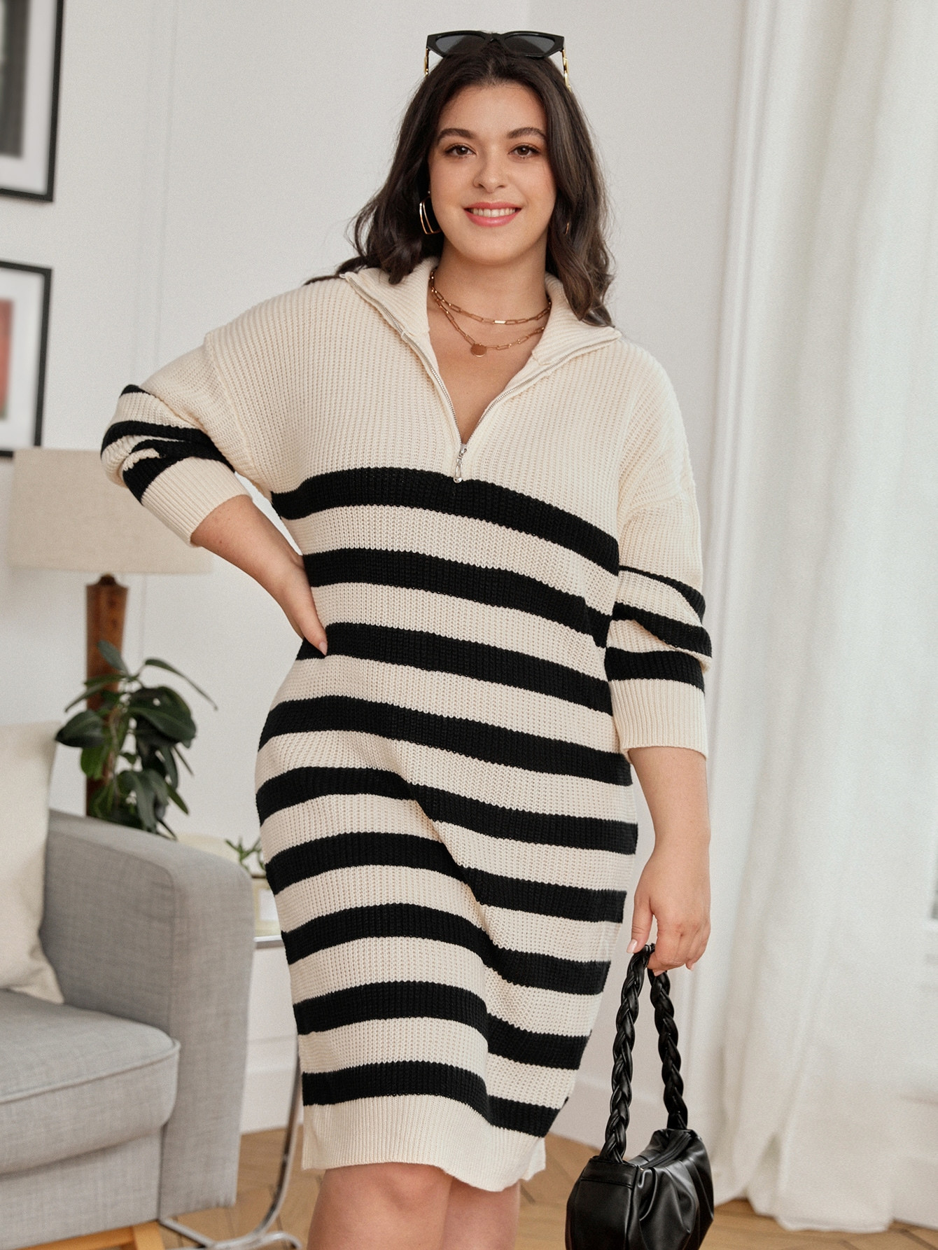 TrendsSHEIN Mulvari Plus Striped Pattern Drop Shoulder Sweater Dress | SHEIN