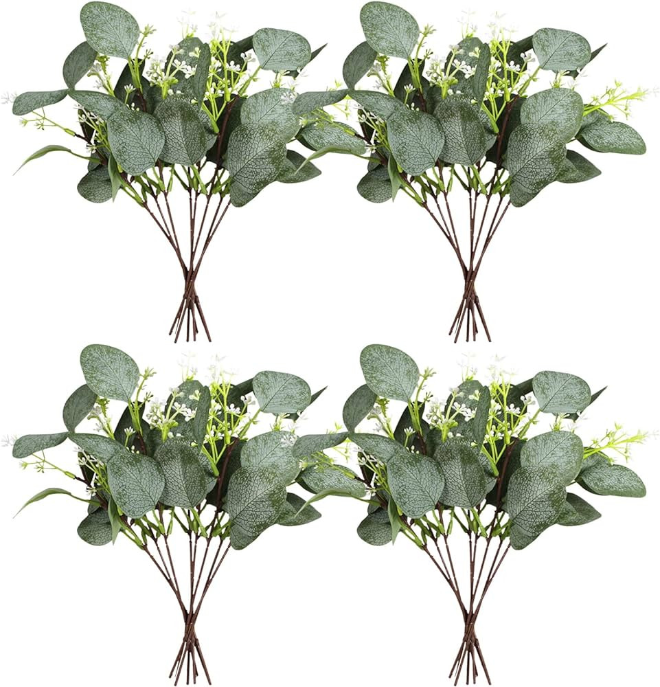 24PCS Artificial Eucalyptus Leaf Stems with White Seeds Plant Silver Dollar Eucalyptus Leaves Fak... | Amazon (US)