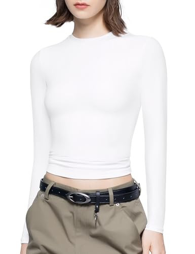 PUMIEY Long Sleeve Shirts for Women Crew Neck Slim Fit Fall Tops Sexy Basic Tee, Splashed White Small | Amazon (US)