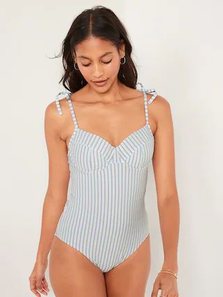 Tie-Shoulder Striped Seersucker Underwire One-Piece Swimsuit for Women | Old Navy (US)