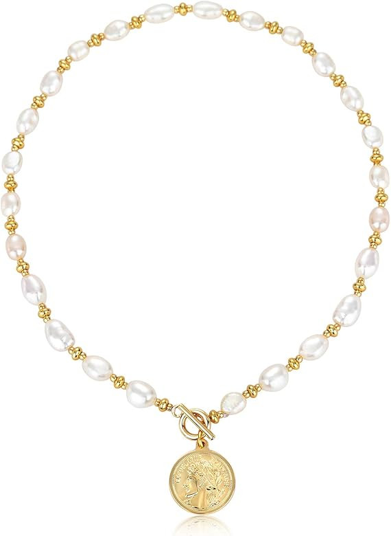 Y2K Pearl Choker Necklace Baroque Cultured Handpicked Pearl 18K Gold Plated Bead Ball Chain Coin ... | Amazon (US)
