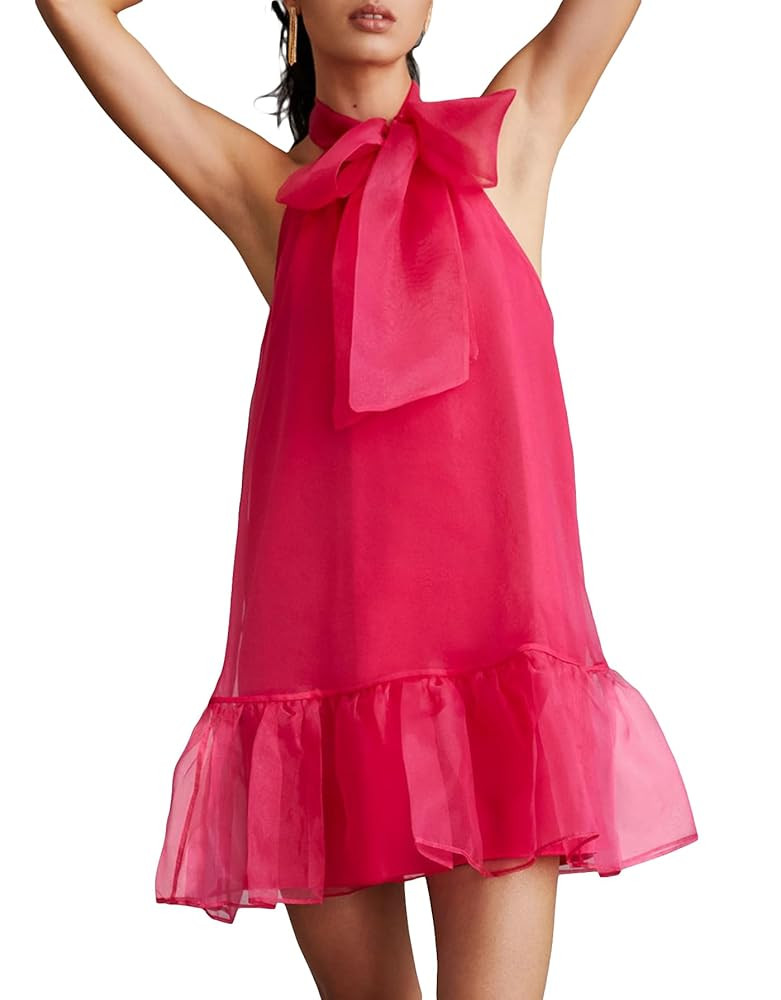 Women's Sleeveless Tulle Mini Dress Bow Neck Puffy Sundress Summer Wedding Cocktail Party Dresses | Amazon (US)