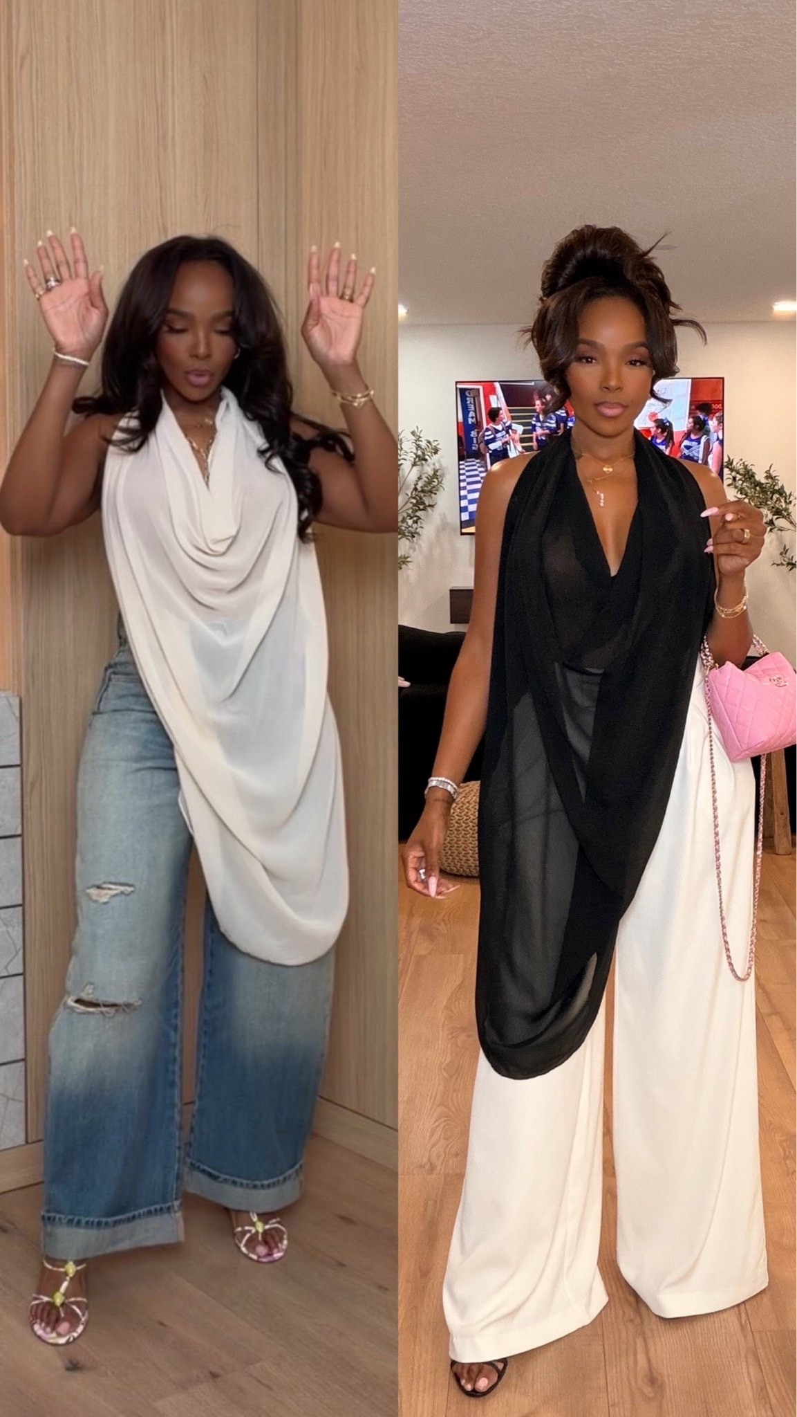 These draped scarf-style tops instantly make any outfit feel elevated and expensive 🤍

One styled casually with relaxed denim and heels, the other dressed up with wide leg trousers for a more luxe evening vibe. This is exactly why versatile statement tops are worth it — styled multiple ways, the cost per wear drops fast while your wardrobe feels completely refreshed.

Perfect for brunch, date nights, vacation dinners, girls night, rooftop cocktails, fashion events, and elevated everyday outfits.

5’4 | 140LBS | 34D-27-40 | size small or 4

Draped top outfit, scarf top styling, elegant going out outfit, wide leg trouser outfit, elevated denim look, classy neutral outfit, chic black and white outfit, luxury inspired fashion, effortless glam style, vacation dinner outfit, feminine elevated basics, stylish night out looks

Follow me on Instagram and YouTube @kirasfashionfinds