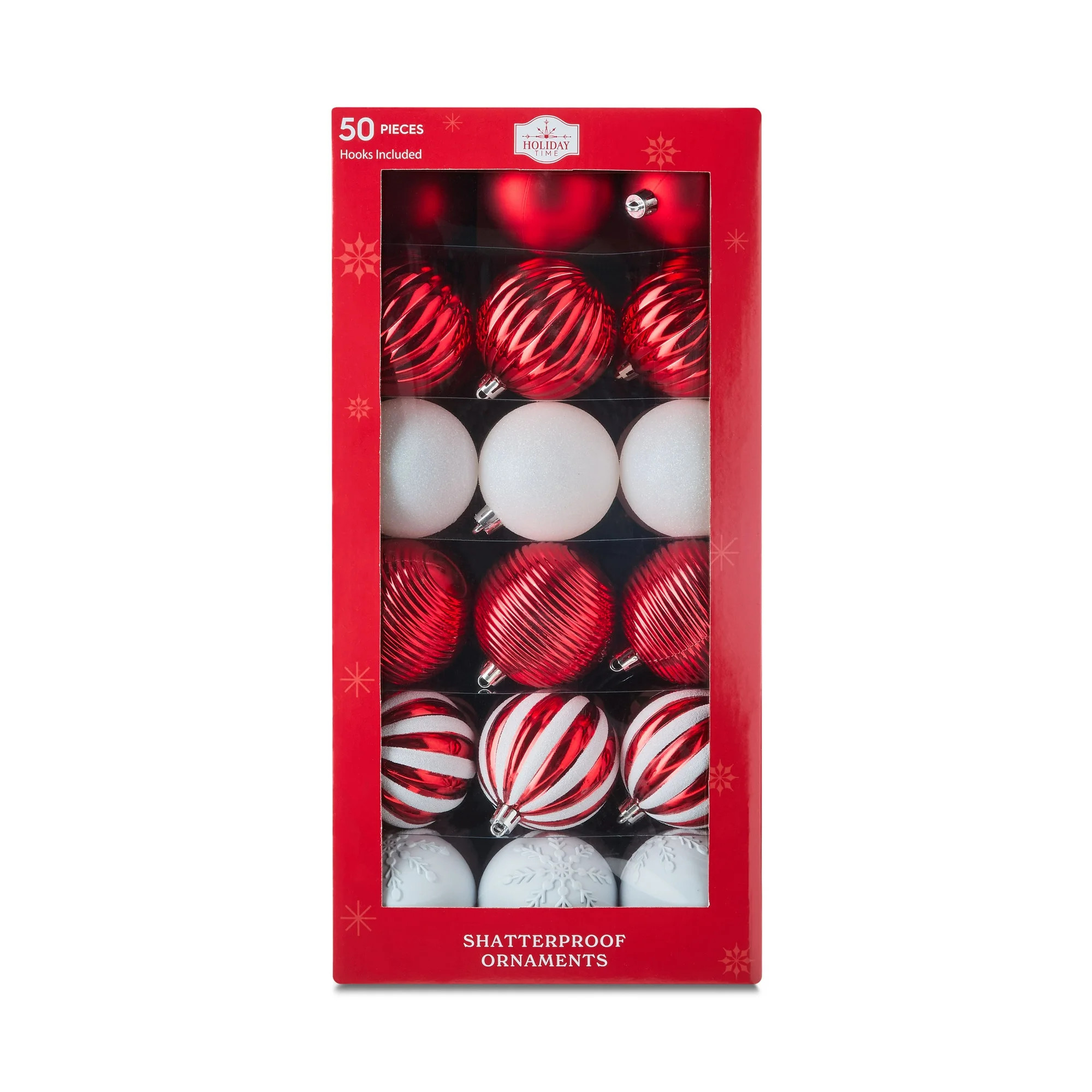 50-Count Red and White Shatterproof Christmas Ornaments, by Holiday Time | Walmart (US)