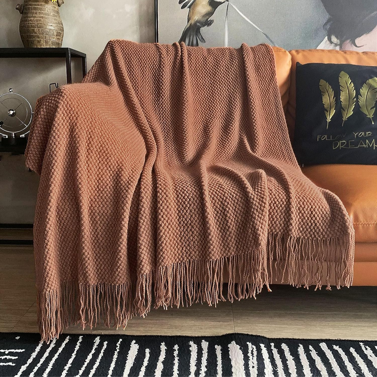 LOMAO Knitted Throw Blanket with Tassels Bubble Textured Lightweight Throws for Couch Cover Home Decor (Caramel, 50x60) | Amazon (US)
