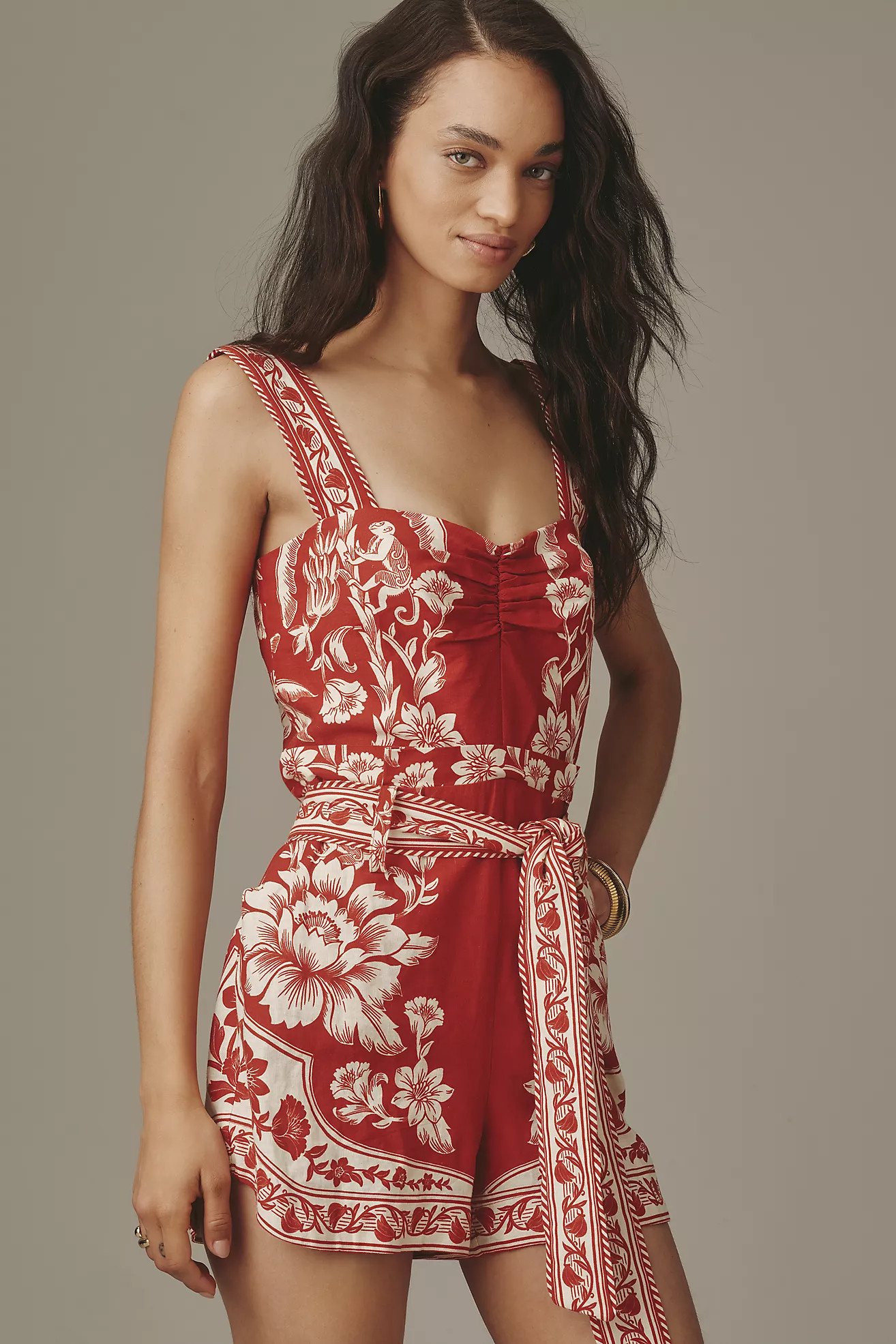 Farm Rio Linen Blend Belted Romper | Anthropologie (US)