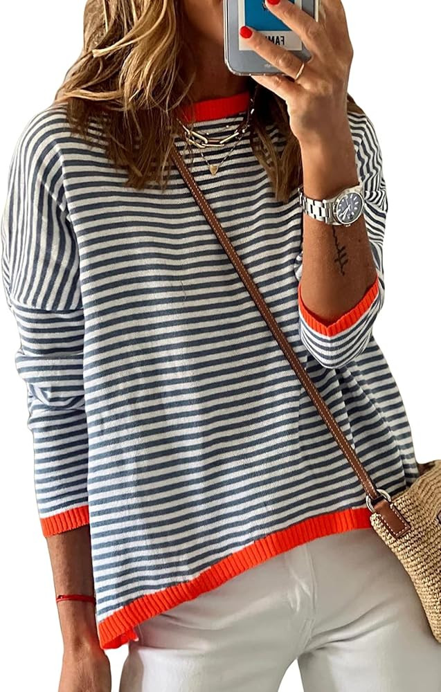 Women’s 2023 Fall Striped Sweaters Cotton Color Block Long Sleeve Casual Knitted Pullover Jumpe... | Amazon (US)