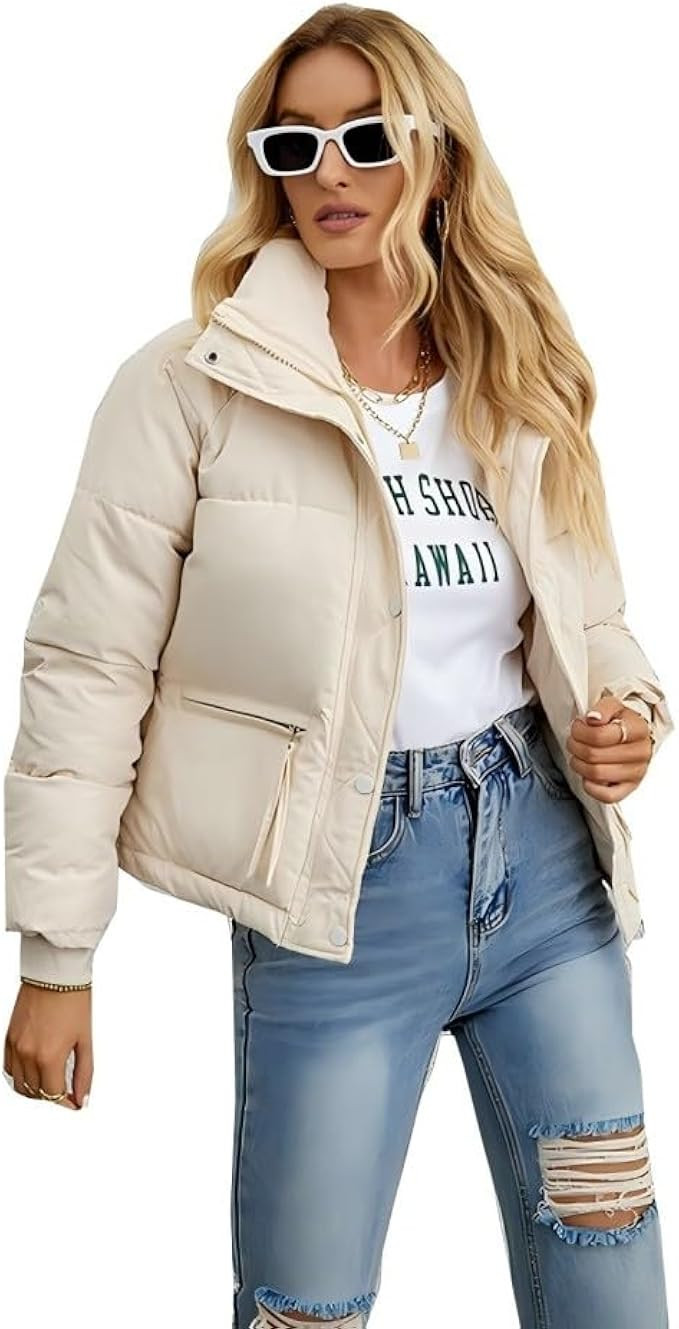 Women's Cropped Puffer Jacket Stand Collar Winter Warm Puffy Quilted Jackets Coats | Amazon (US)