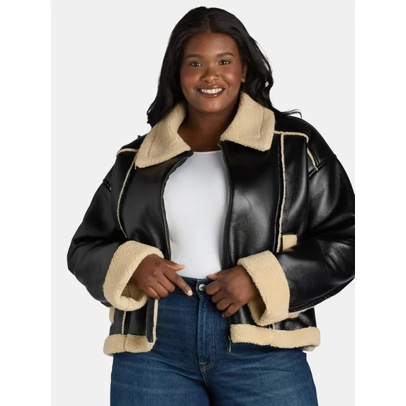 Time and Tru Women's and Women's Plus Bonded Faux Shearling Bomber Jacket, Sizes XS-3X - Walmart.... | Walmart (US)