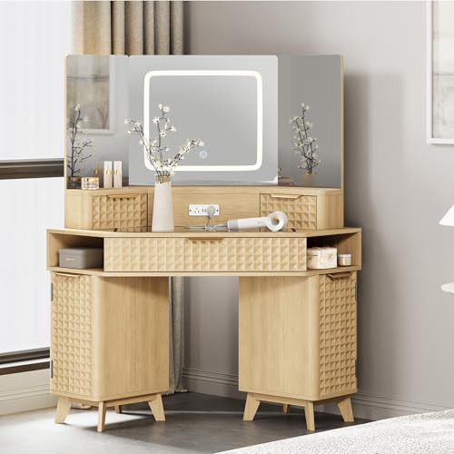 HOTAMO Vanity - Corner Vanity Desk, Vanity Mirror with Lights, 47.24" 3-Way Mirror Makeup Vanity with Power Strip for Bedroom | Amazon (US)