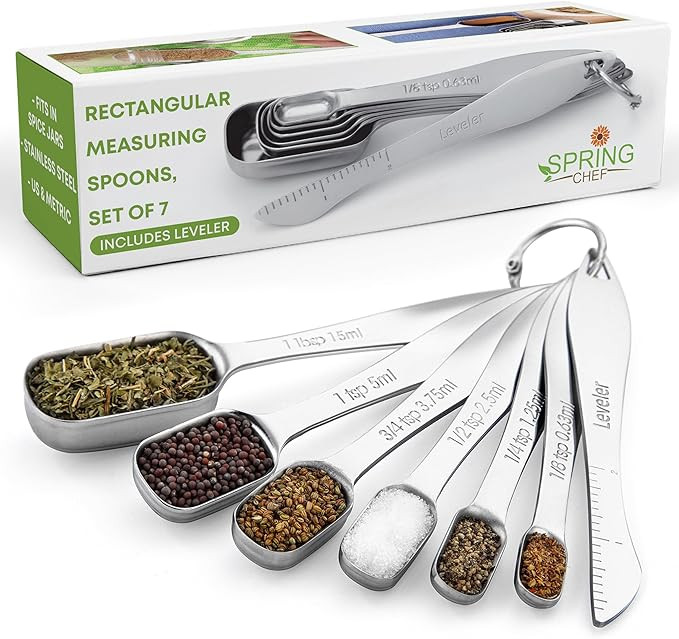 Spring Chef Stainless Steel Measuring Spoons Set of 7 with Leveler, Rectangular Metal Teaspoon & ... | Amazon (US)