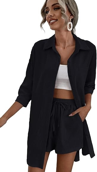MakeMeChic Women's Casual 2 Piece Outfits Long Sleeve Button Down Shirt and Shorts Set Black S at... | Amazon (US)