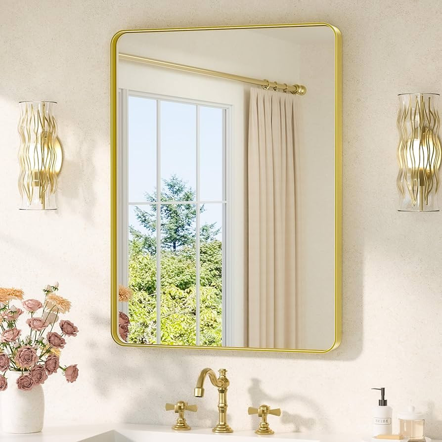 TETOTE Brushed Gold Bathroom Mirror 24 x 32 Gold Metal Framed Bathroom Mirror, Tempered Glass, Mo... | Amazon (US)