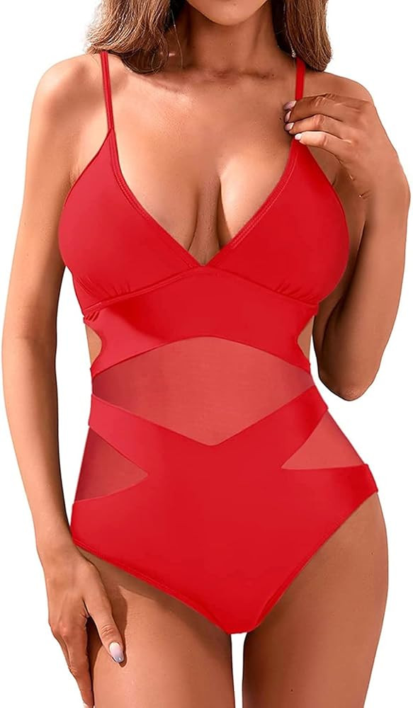Holipick Women Sexy One Piece Swimsuits Mesh High Waisted Bathing Suits Plunge V Neck Monokini Cu... | Amazon (US)