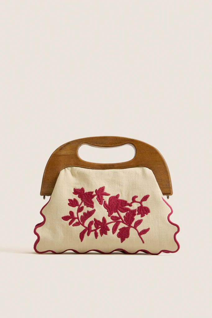Red Floral Bermuda Wooden Handle Bag | Tuckernuck (US)