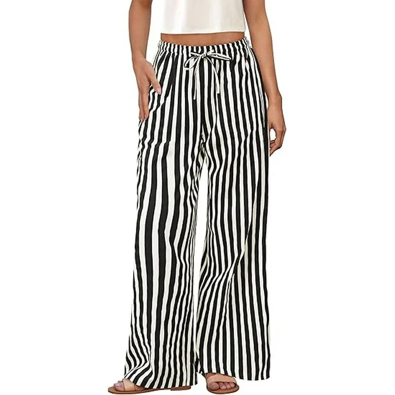 PRETTYGARDEN Women's Wide Leg Lounge Pants Summer Drawstring Elastic Waist Comfy Striped Pajama B... | Walmart (US)