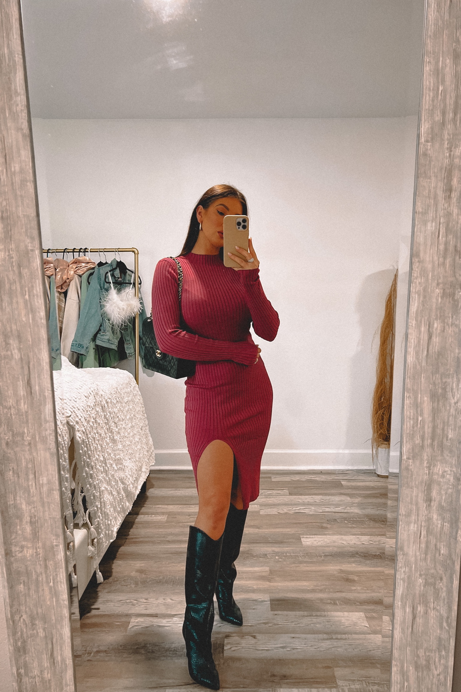 red sweater dress brown boots MIAH MINI DRESS- CHOCOLATE – Little JC main image 1
