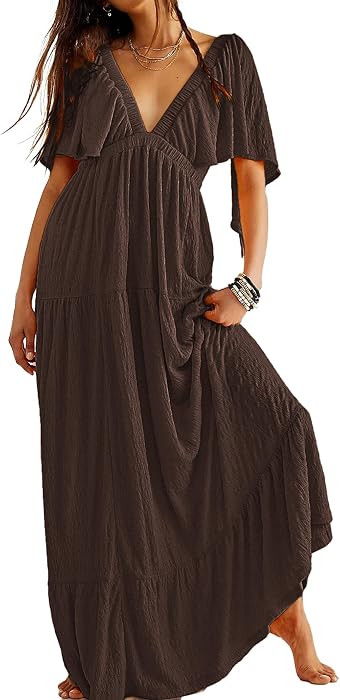 Kikibell Women Summer Dresses Sexy V-Neck Maxi Dress Tiered Silhouette with Flutter Sleeve Backless Elastic Waist Flowy Dress | Amazon (US)