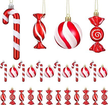 24 Pcs Christmas Candy Lollipop Ornament Set Vibrant Red White Candy Cane Ornament Xmas Hanging L... | Amazon (US)