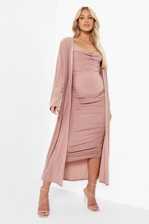 Maternity Strappy Cowl Neck Dress And Duster Coat | Boohoo.com (US & CA)