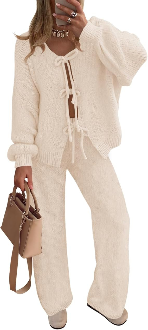 ZESICA Women's 2 Piece Outfits Lounge Pajama Sets 2025 Fall Long Sleeve Cardigans Wide Leg Pants ... | Amazon (US)