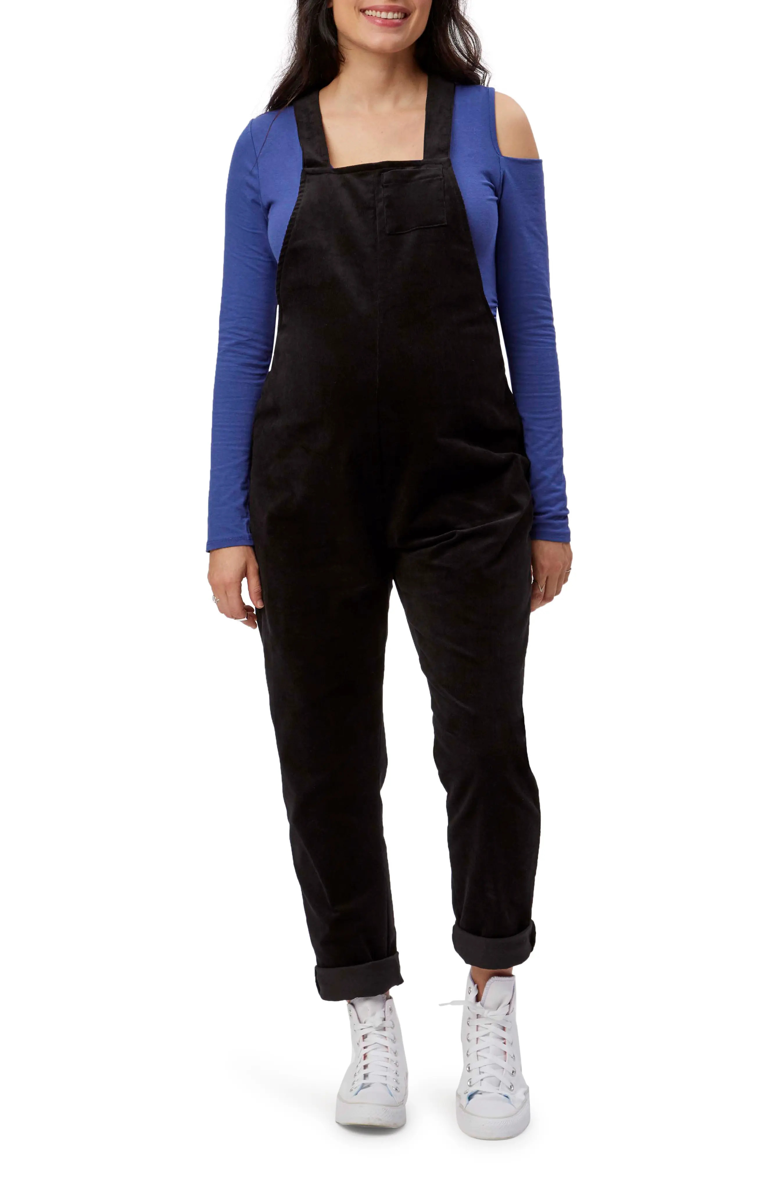 Stowaway Collection Corduroy Maternity Overalls in Black at Nordstrom, Size Medium | Nordstrom