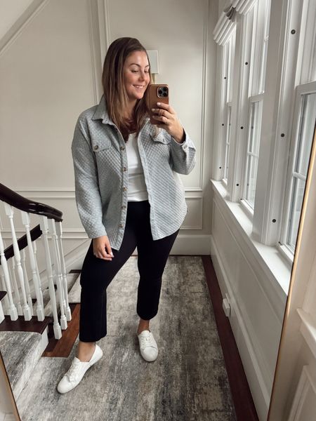 Loving these cropped flare leggings lately. Styled them with this Shacket. Wearing size XL in everything! 

#LTKSeasonal #LTKmidsize #LTKstyletip