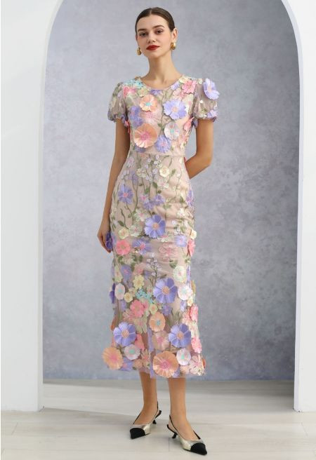 3D Floral Applique Mesh Tulle Mermaid Maxi Dress in Lavender for Special Occasions & Evening Soir... | Chicwish