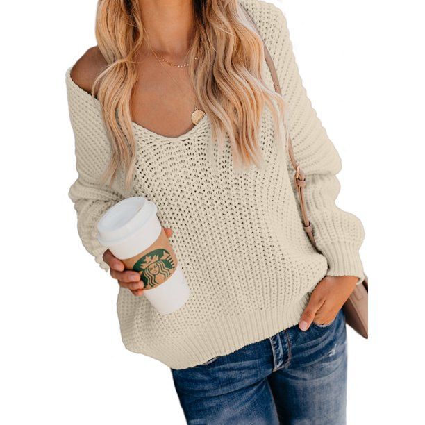 Eytino Women's V Neck Knitted Sweater Winter Long Sleeve Pullover Jumper - Walmart.com | Walmart (US)