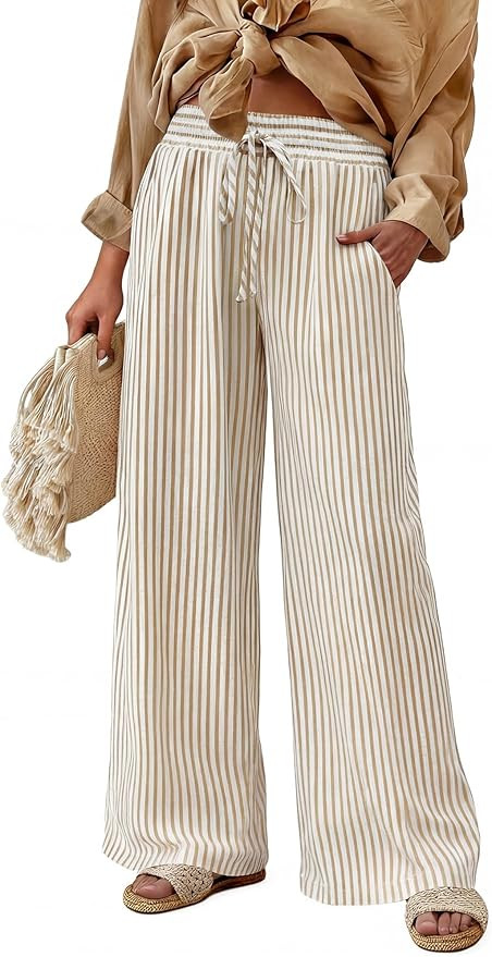 Bagavs Womens Striped Wide Leg Palazzo Pants High Waisted Elastic Drawstring Casual Lounge Trouse... | Amazon (US)