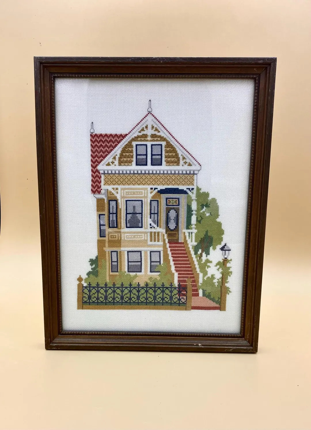 Vintage Framed Cross Stitch: yellow Victorian House Needlepoint Wall Art | Etsy (US)