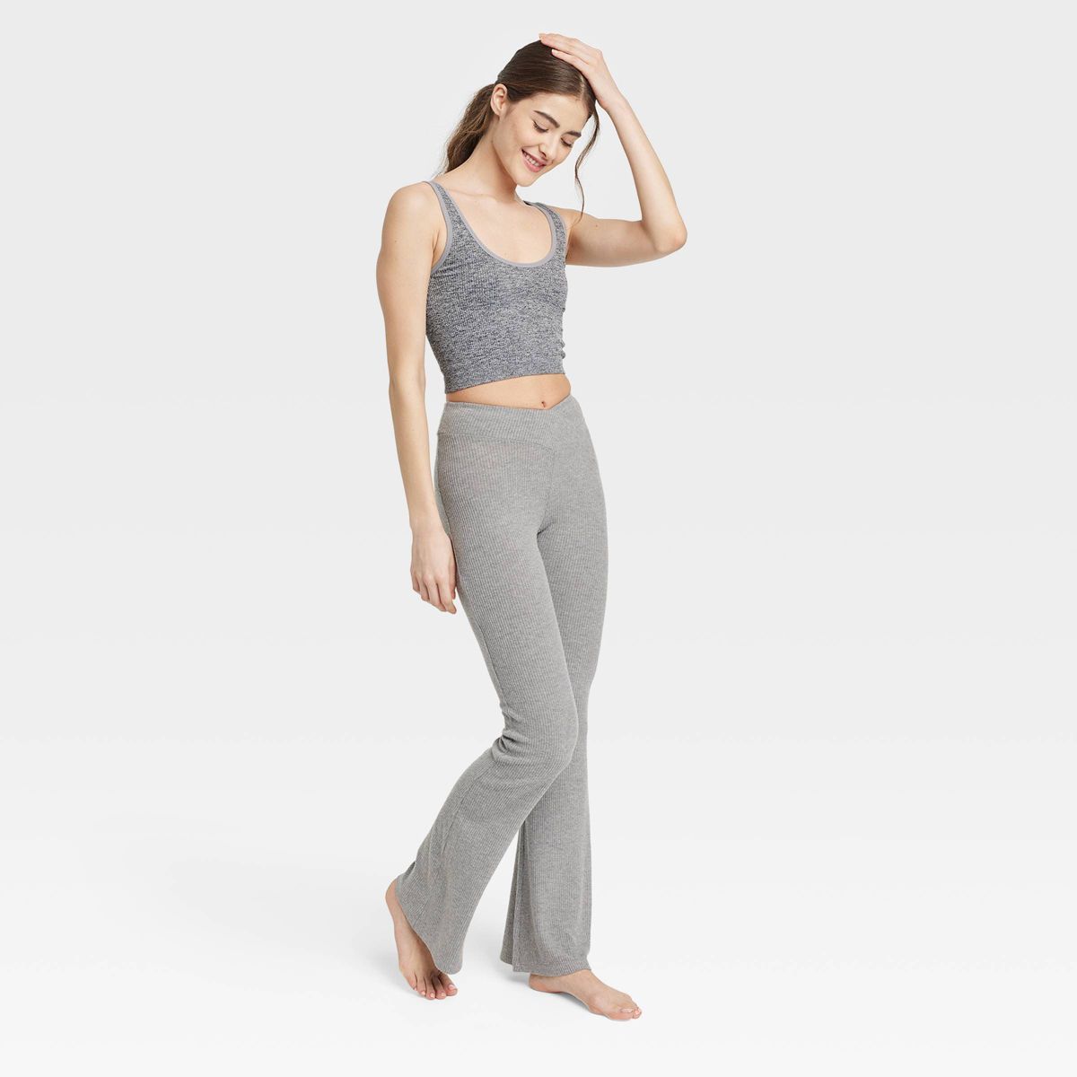 Women's Cozy Ribbed Crossover Waistband Flare Legging Pants - Colsie™ Heathered Gray L | Target